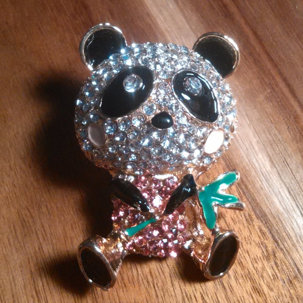 Multi Color Austrian Crystal and Enameled Goldtone Panda Brooch